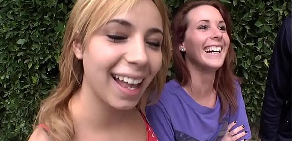  Three cute babes suck and fuck one guys dick and love it